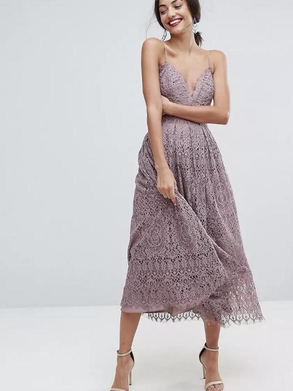 ASOS Dusty Mauve Lace Midi Dress with V-Neck